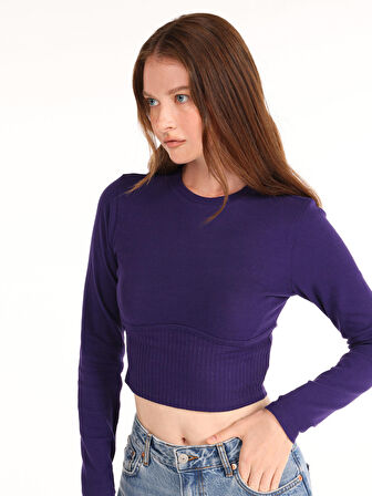 Slim Fit Bisiklet Yaka Crop Mor Kadın Uzun Kol Tişört