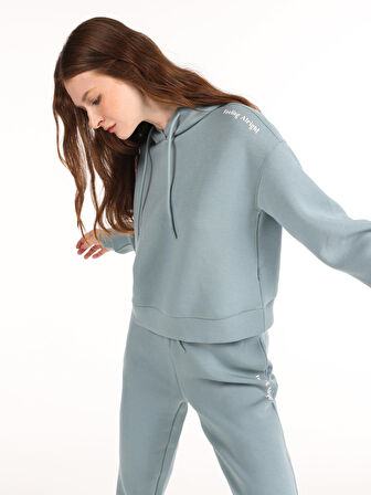 Regular Fit Baskılı Kapüşonlu Yeşil Kadın Sweatshirt