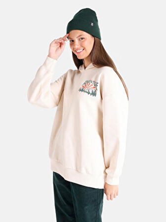Regular Fit Baskılı Kapüşonlu Ekru Kadın Sweatshirt