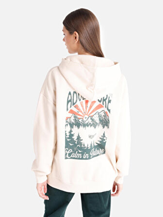 Regular Fit Baskılı Kapüşonlu Ekru Kadın Sweatshirt