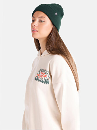 Regular Fit Baskılı Kapüşonlu Ekru Kadın Sweatshirt