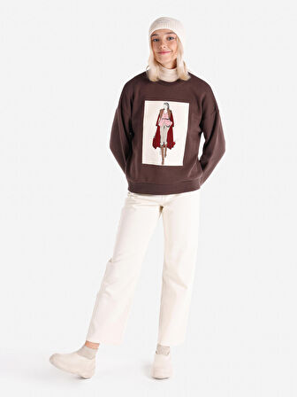 Regular Fit Baskılı Kahverengi Kadın Sweatshirt