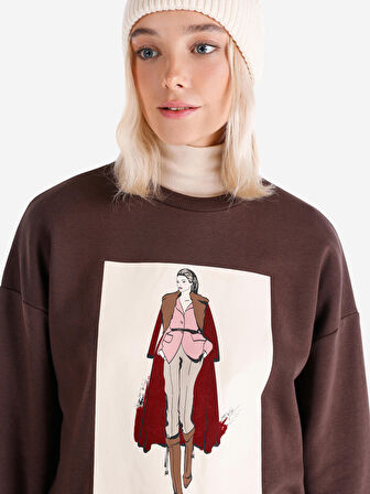 Regular Fit Baskılı Kahverengi Kadın Sweatshirt