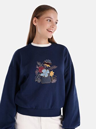 Regular Fit Bisiklet Yaka Baskılı Lacivert Kadın Sweatshirt