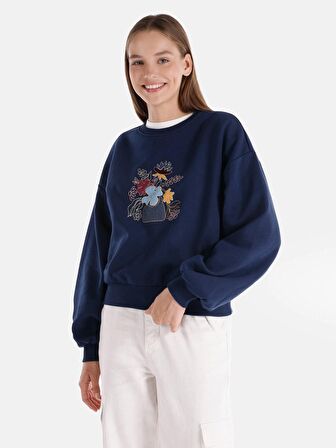 Regular Fit Bisiklet Yaka Baskılı Lacivert Kadın Sweatshirt