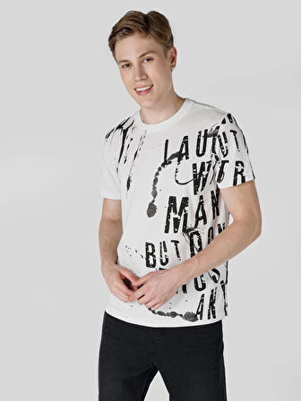 Regular Fit Bisiklet Yaka Baskılı Beyaz Erkek Kısa Kol Tişört