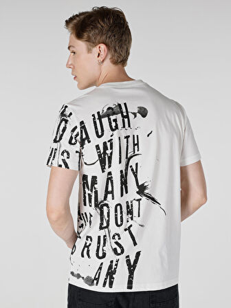 Regular Fit Bisiklet Yaka Baskılı Beyaz Erkek Kısa Kol Tişört