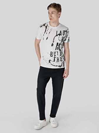 Regular Fit Bisiklet Yaka Baskılı Beyaz Erkek Kısa Kol Tişört