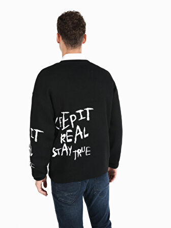 Regular Fit Bisiklet Yaka Yazı Baskılı Siyah Erkek Kazak