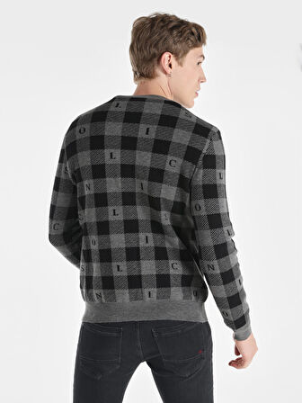 Regular Fit Bisiklet Yaka Baskılı Gri Erkek Kazak