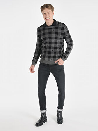 Regular Fit Bisiklet Yaka Baskılı Gri Erkek Kazak