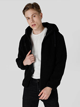 Regular Fit Kapüşonlu Fermuarlı Siyah Erkek Mont