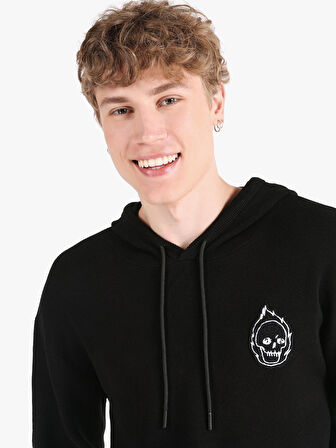 Regular Fit Baskılı Kapüşonlu Siyah Erkek Kazak