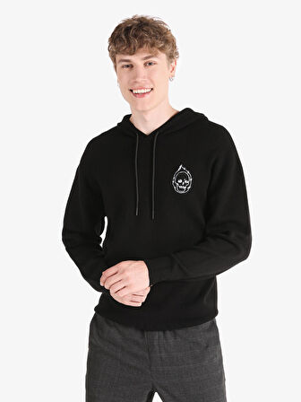 Regular Fit Baskılı Kapüşonlu Siyah Erkek Kazak