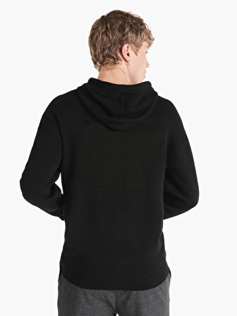 Regular Fit Baskılı Kapüşonlu Siyah Erkek Kazak