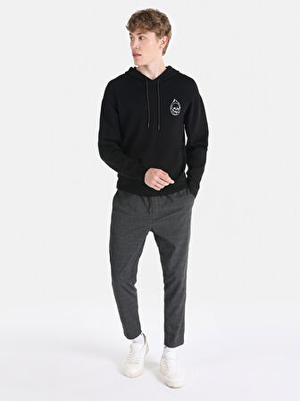 Regular Fit Baskılı Kapüşonlu Siyah Erkek Kazak
