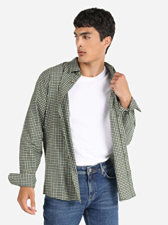 Regular Fit Shirt Neck Kareli Yeşil Erkek Uzun Kol Gömlek