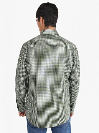 Regular Fit Shirt Neck Kareli Yeşil Erkek Uzun Kol Gömlek