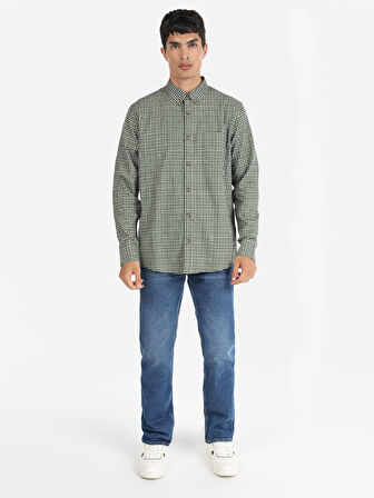 Regular Fit Shirt Neck Kareli Yeşil Erkek Uzun Kol Gömlek