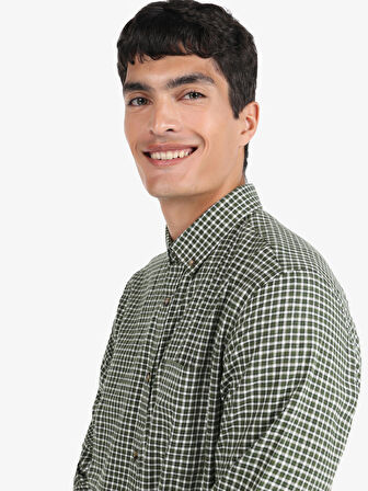 Regular Fit Shirt Neck Kareli Yeşil Erkek Uzun Kol Gömlek