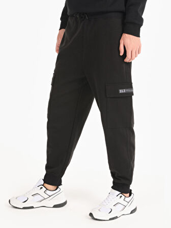 Regular Fit Orta Bel Cep Detaylı Siyah Erkek Eşofman Altı