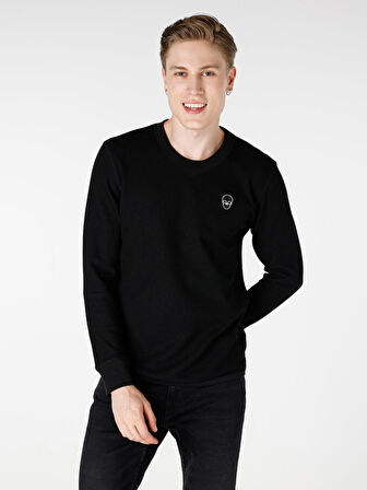 Regular Fit Bisiklet Yaka Baskılı Siyah Erkek Uzun Kol Tişört