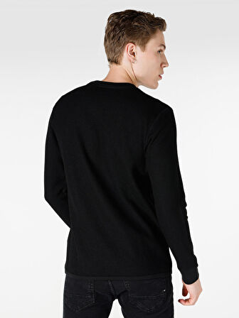 Regular Fit Bisiklet Yaka Baskılı Siyah Erkek Uzun Kol Tişört