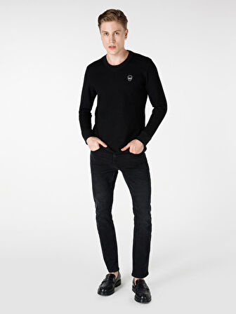 Regular Fit Bisiklet Yaka Baskılı Siyah Erkek Uzun Kol Tişört