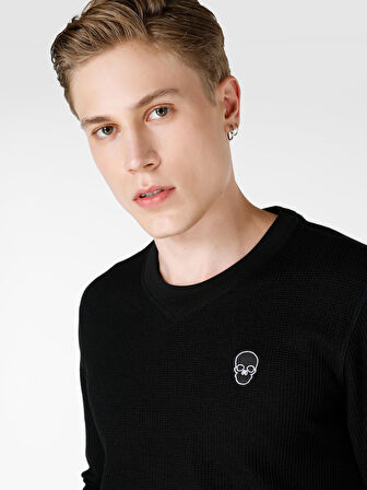 Regular Fit Bisiklet Yaka Baskılı Siyah Erkek Uzun Kol Tişört