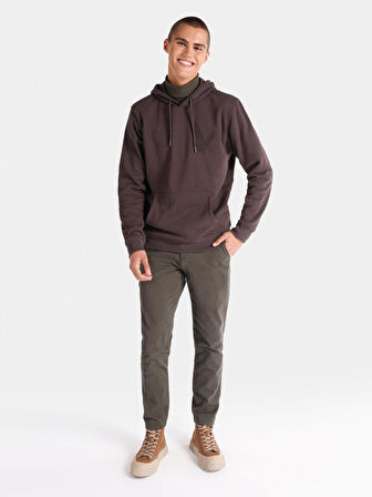 Regular Fit Baskılı Kapüşonlu Kahverengi Erkek Sweatshirt