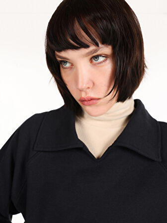 Regular Fit Polo Yaka Lacivert Kadın Uzun Kol Tişört