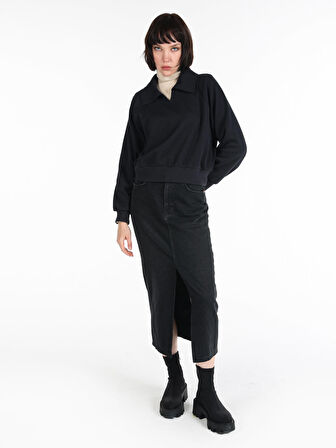 Regular Fit Polo Yaka Lacivert Kadın Uzun Kol Tişört