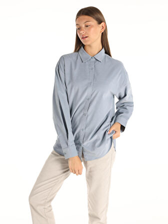 Regular Fit Basic Mavi Kadın Uzun Kol Gömlek