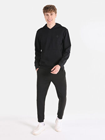 Regular Fit Baskılı Kapüşonlu Siyah Erkek Sweatshirt