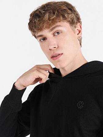 Regular Fit Baskılı Kapüşonlu Siyah Erkek Sweatshirt