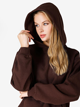 Regular Fit Kapüşonlu Kahverengi Kadın Sweatshirt