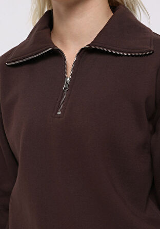 Regular Fit Fermuarlı Nakışlı Kadın Kahverengi Sweatshirt