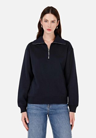 Regular Fit Fermuarlı Nakışlı Kadın Lacivert Sweatshirt