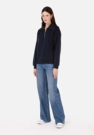 Regular Fit Fermuarlı Nakışlı Kadın Lacivert Sweatshirt