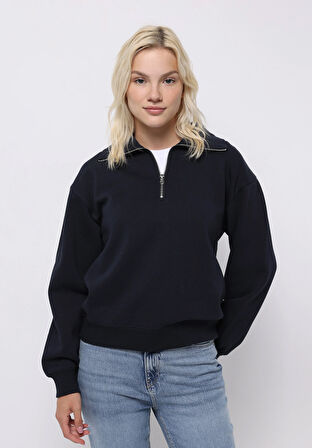 Regular Fit Fermuarlı Nakışlı Kadın Lacivert Sweatshirt