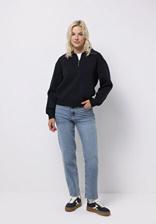 Regular Fit Fermuarlı Nakışlı Kadın Lacivert Sweatshirt