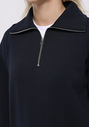 Regular Fit Fermuarlı Nakışlı Kadın Lacivert Sweatshirt