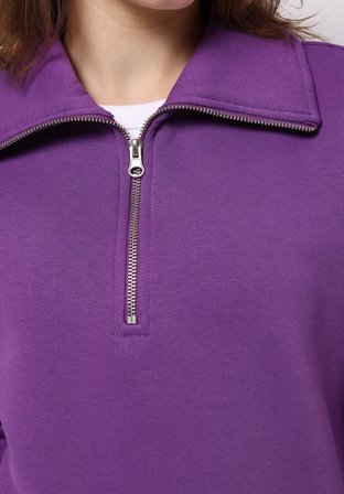 Regular Fit Fermuarlı Nakışlı Kadın Mor Sweatshirt