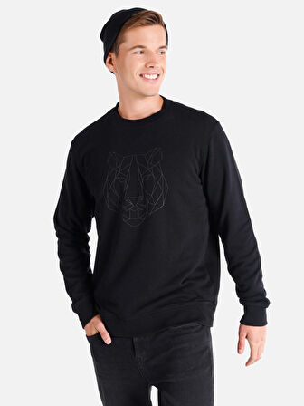 Regular Fit Bisiklet Yaka Baskılı Siyah Erkek Sweatshirt