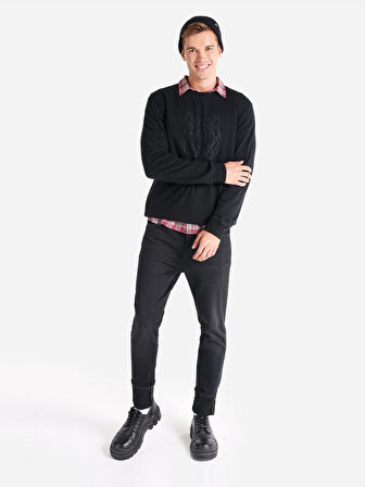 Regular Fit Bisiklet Yaka Baskılı Siyah Erkek Sweatshirt