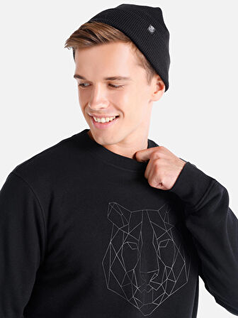 Regular Fit Bisiklet Yaka Baskılı Siyah Erkek Sweatshirt