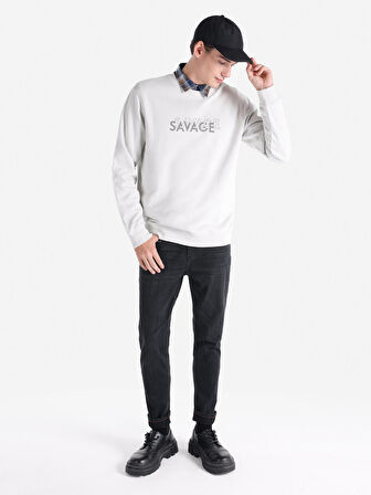 Regular Fit Bisiklet Yaka Baskılı Taş Erkek Sweatshirt