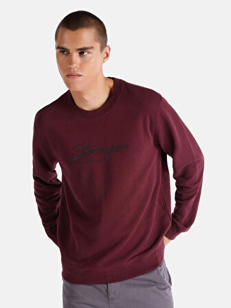 Regular Fit Bisiklet Yaka Baskılı Bordo Erkek Sweatshirt
