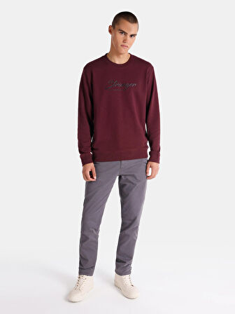 Regular Fit Bisiklet Yaka Baskılı Bordo Erkek Sweatshirt