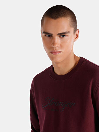 Regular Fit Bisiklet Yaka Baskılı Bordo Erkek Sweatshirt